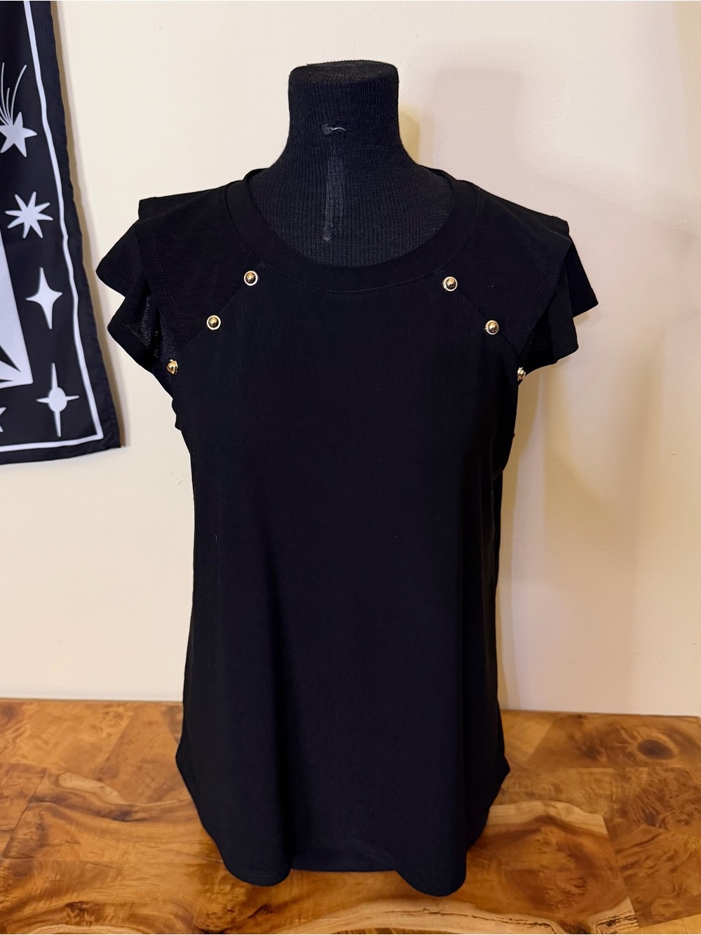 Black M Ruffle Sleeve Top Gold Buttons Punk Goth